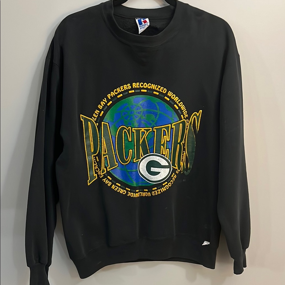 Vintage Russel Athletic Black Crewneck Sweater with Large Green Bay Packers Logo
